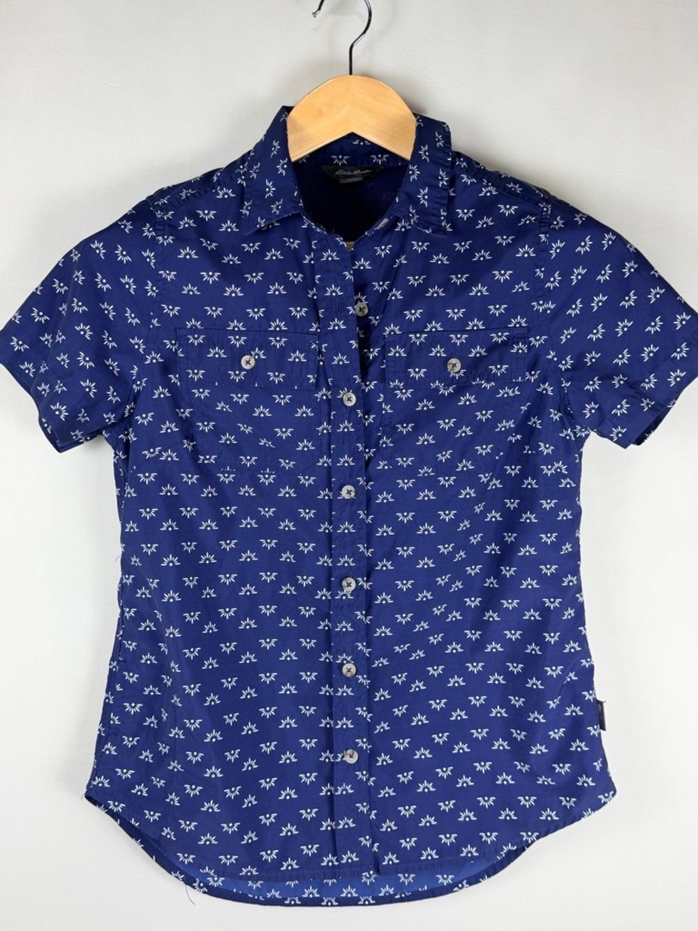Eddie Bauer Womens XS Blue Print Button Up Camp Shirt Short Sleeve